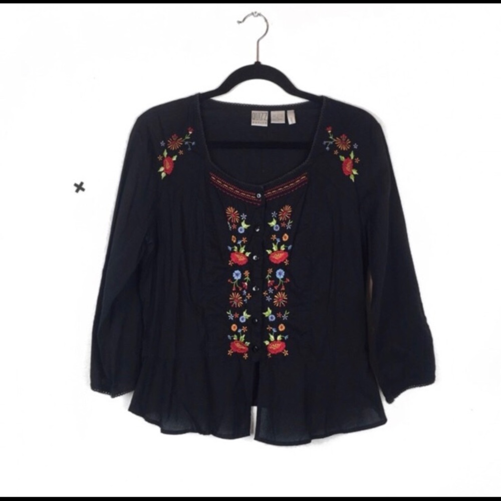 Black Boho Embroidered Peasant Top Petite Large